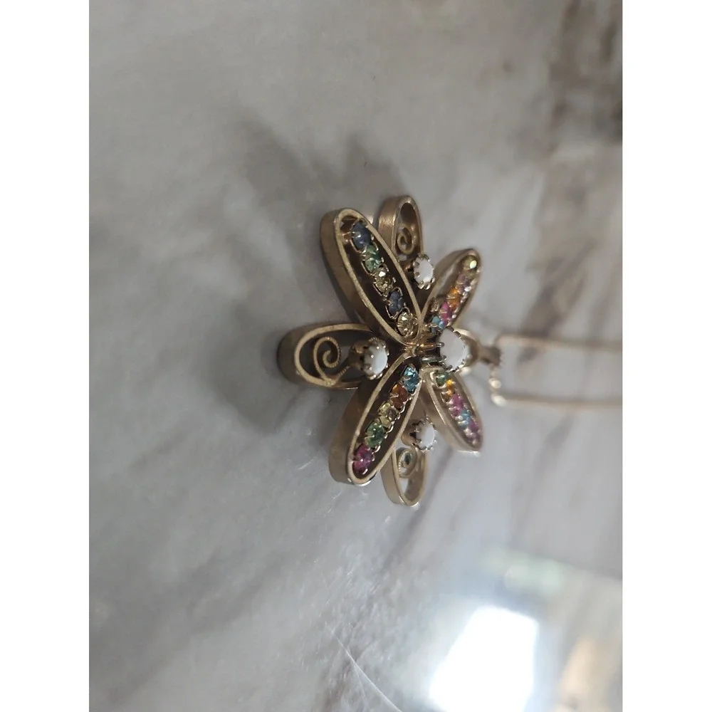 Vintage Mid Century Floral Pendant Rhinestones White Glass Filagree Unmarked